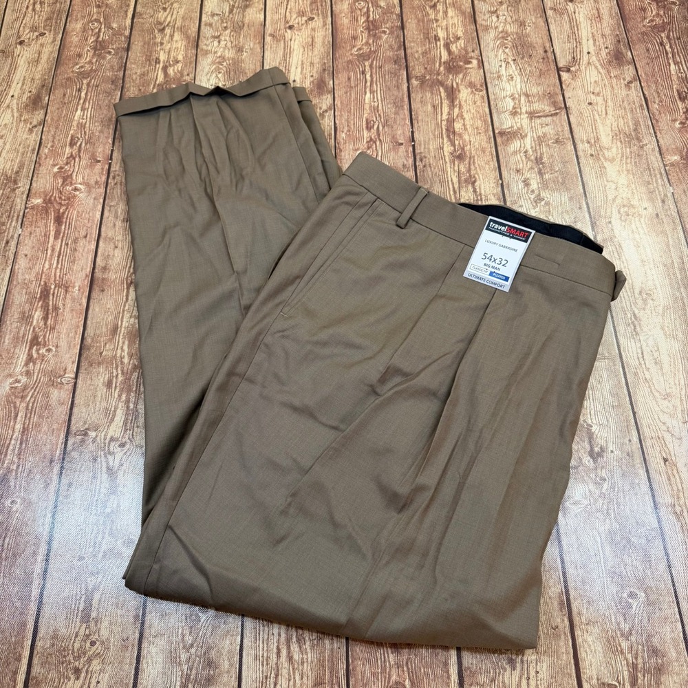 Roundtree & Yorke TravelSmart Dress Pants Mens 54x32 Brown Pleated Gabardine NWT